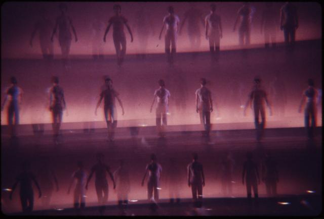 [Excerpt from Robert Wilson / Philip Glass production "Einstein on the Beach" during BAM Next Wave Festival, 1984]