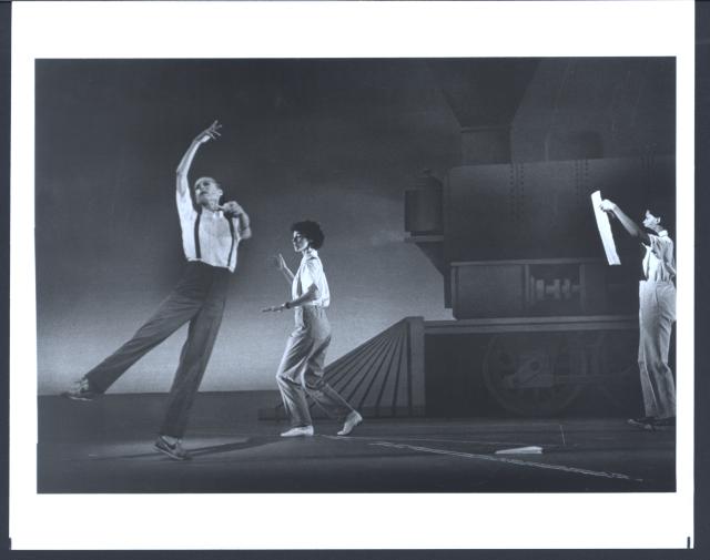 [Lucinda Childs, Rachel Brumer, and Sheryl Sutton in Act 1, Scene  1A of the Philip Glass/Robert Wilson production "Einstein on the Beach" during BAM Next Wave Festival, 1984]
