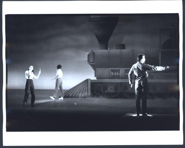 [Lucinda Childs and Sheryl Sutton (both left) with cast member in Act 1, Scene 1A of the Philip Glass/Robert Wilson production "Einstein on the Beach" during BAM Next Wave Festival, 1984]