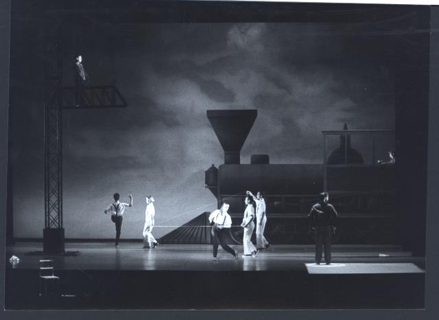 [Scene from Act 1, Scene 1A of the Philip Glass/Robert Wilson production "Einstein on the Beach" during BAM Next Wave Festival, 1984]