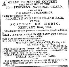 [Advertisement for the Thirteenth Regiment National Guard production "Grand Promenade Concert" for the Brooklyn and Long Island United States Sanitary Commission Fair during Spring Season, 1864]