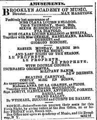 [Advertisement for the Max Maretzek productions "Fra Diavolo/Le Prophete" during Spring Season, 1869]