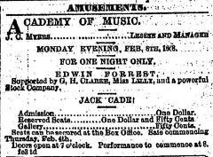 [Advertisement for the J. C. Myers production "Jack Cade" during Spring Season, 1869]