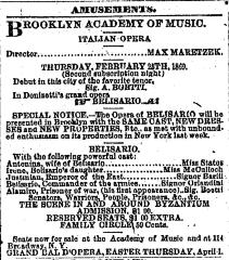 [Advertisement for the Max Maretzek production "Belisario" during Spring Season, 1869]