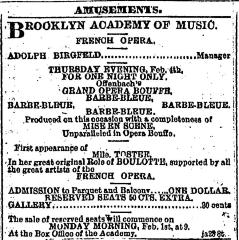 [Advertisement for the Adolph Birgfeld production "Barbe-Bleue" during Spring Season, 1869]