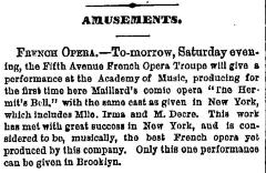 [Advertisement for the production "The Hermit's Bell" during Spring Season, 1869]