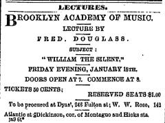 [Advertisement for the Frederick Douglass lecture "William the Silent" during Spring Season, 1869]
