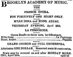 [Advertisement for the Irma and Aujac production "La Perichole" during Spring Season, 1869]