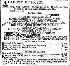 [Advertisement for the Sothern New York Company productions “A Crushed Tragedian/Our American Cousin/David Garrick" during Spring Season, 1878]