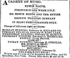 [Advertisement for the Booth Theatre Company productions “Richard III/King Lear/Hamlet/Richelieu/Hamlet/Othello/The Merchant of Venice/The Fools Revenge" during Spring Season, 1878]