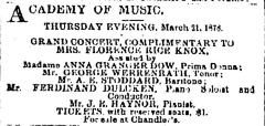 [Advertisement for the production “Complimentary Concert to Florence Rice Knox" during Spring Season, 1878]