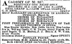 [Advertisement for the Hess English Opera Company production “The Chimes of Normandy" during Spring Season, 1878]