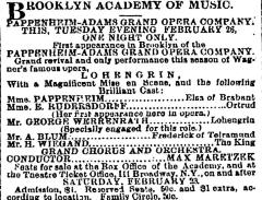 [Advertisement for the Pappenheim-Adams Opera Company production “Lohengrin" during Spring Season, 1878]