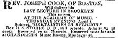 [Advertisement for the Joseph Cook lecture “Certainties in Religion" during Spring Season, 1878]