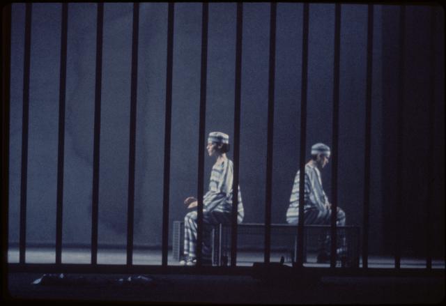 [Nan Friedman and Eric Benson in Act 3, Scene 2B of the Philip Glass/Robert Wilson production "Einstein on the Beach" during BAM Next Wave Festival, 1984]