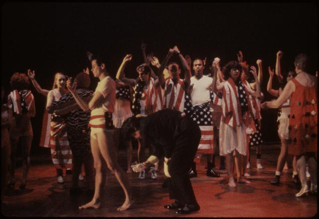 [Scene from the Tim Miller production "Democracy in America" during BAM Next Wave Festival, 1984]