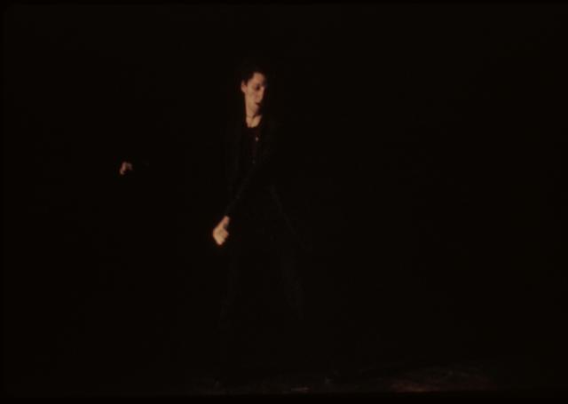 [Tim Miller in his production "Democracy in America: A Performance Work" during BAM Next Wave Festival, 1984]
