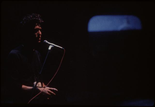 [Tim Miller in his production "Democracy in America: A Performance Work" during BAM Next Wave Festival, 1984]