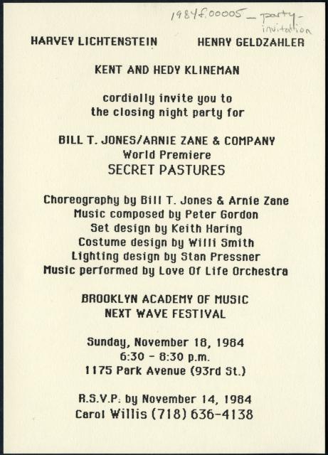 [Invitation to Bill T. Jones/Arnie Zane Company production "Secret Pastures" closing night party, 1984]