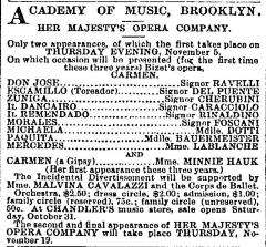 [Advertisement for the Her Majesty's Opera Company production “Carmen" during Fall Season, 1885]