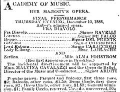 [Advertisement for the Her Majesty's Opera Company production “Fra Diavolo" during Fall Season, 1885]