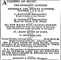 [Advertisement for the John Lawson Stoddard lecture series during Fall Season, 1885]