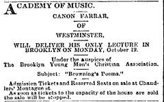[Advertisement for the Canon Farrar lecture "Browning's Poems" during Fall Season, 1885]