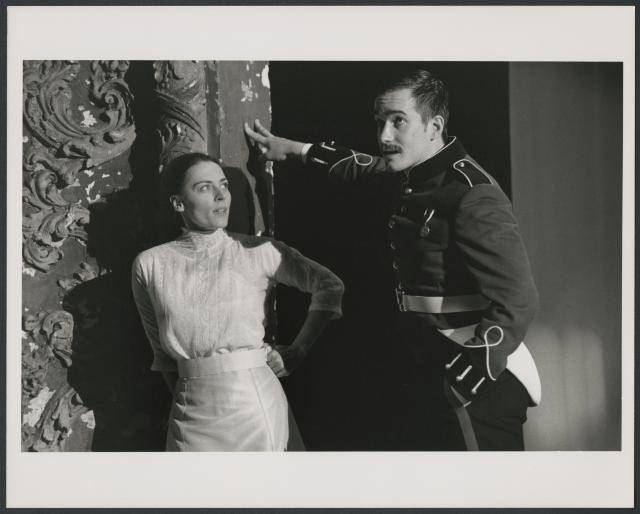 [Saskia Reeves as Beatrice and Matthew Macfadyen as Benedick in a scene from the Cheek by Jowl production "Much Ado About Nothing" during BAM Spring Series, 1998]