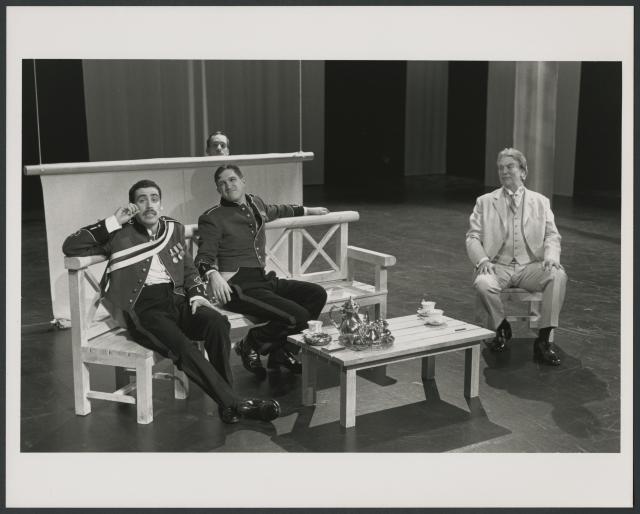 [Stphen Mangan as Don Pedro, Bodhan Poraj as Claudio, Matthew Macfadyen as Benedick (behind), and Gregory Floy as Leonato in a scene from the Cheek by Jowl production "Much Ado About Nothing" during BAM Spring Series, 1998]