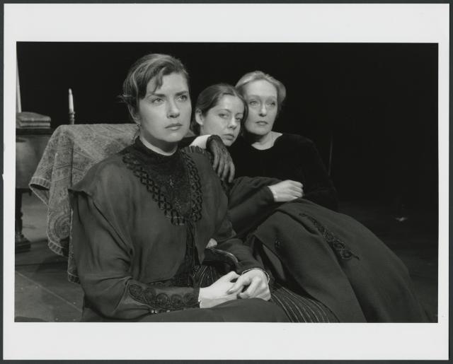 [Vera Sotnikova as Masha, Polina Medvedeva as Irina, and Olga Barnet as Olga in the Moscow Art Theatre production of "Three Sisters" during BAM Spring Series, 1998]