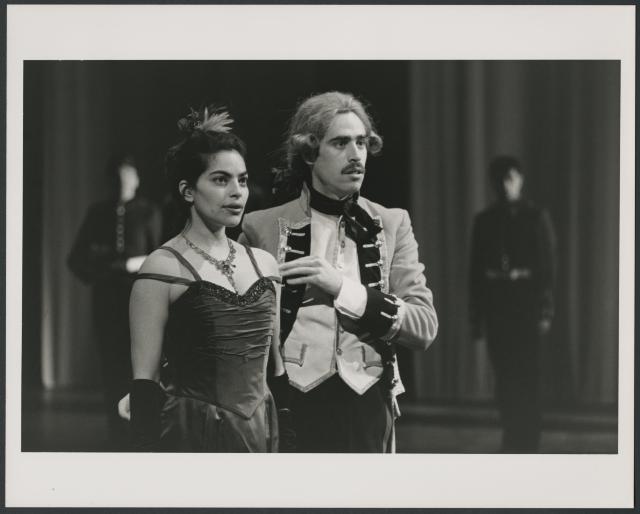 [Sarita Choudhury as Hero and Stephen Mangan as Don Pedro in the Cheek by Jowl production "Much Ado About Nothing" during BAM Spring Series, 1998]