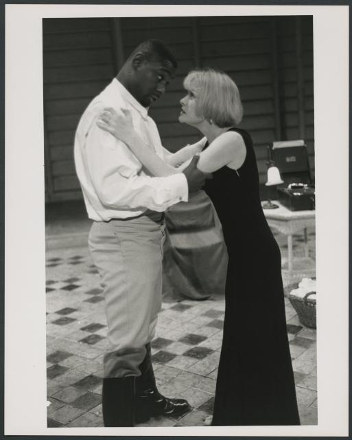 [David Harewood as Othello and Claire Skinner as Desdemona in the Royal National Theatre of Britain production of "Othello" during BAM Spring Series, 1998]