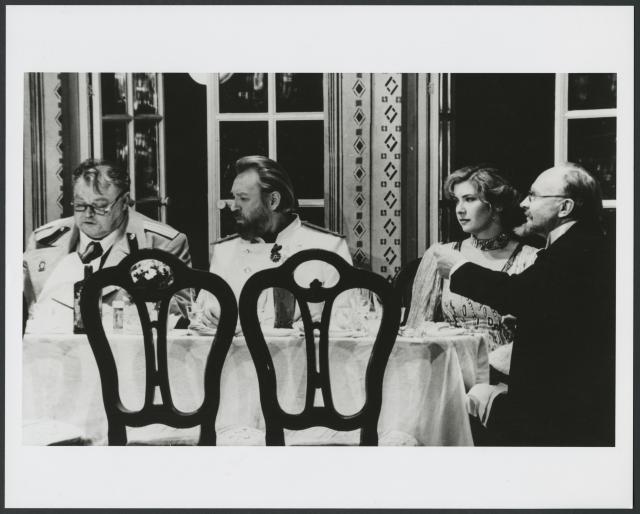 [From left: Andrey Panin, Stanislav Lubshin, Vera Sotnikova and Andrei Miagkov in a scene from the Moscow Art Theatre production of "Three Sisters" during BAM Spring Series, 1998]