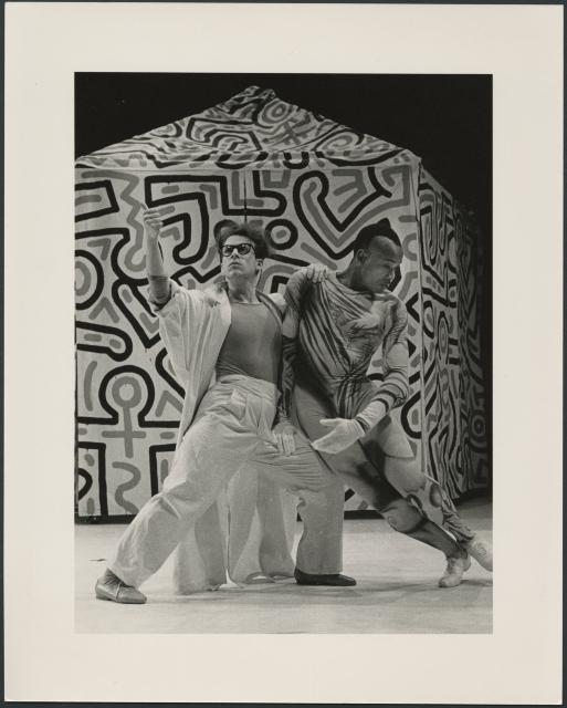 [Arnie Zane and Bill T. Jones in their production "Secret Pastures" during BAM Next Wave Festival, 1984]