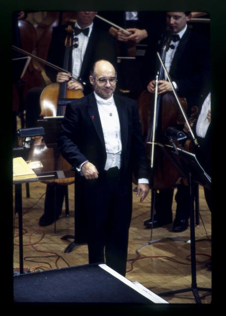 [Dennis Russell Davies in the Brooklyn Philharmonic Orchestra production "The European Mystics" during BAM Next Wave Festival, 1993]