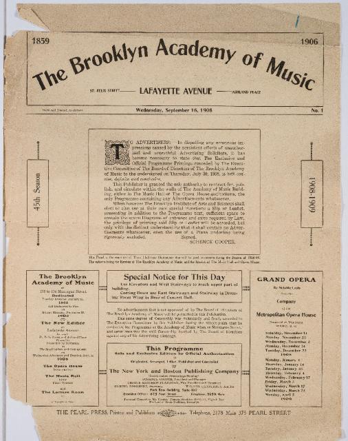 [Souvenir program featuring a reprint of the 1861 inaugural week at the Brooklyn Academy of Music, 1908-1909]