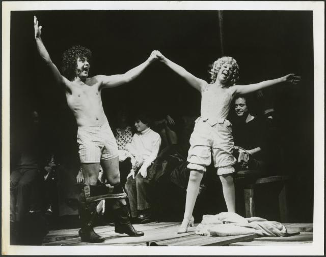 [Mark Baker and Maureen Brennan with audeince members in the Chelsea Theater Center production of "Candide" during BAM Fall Series, 1973]
