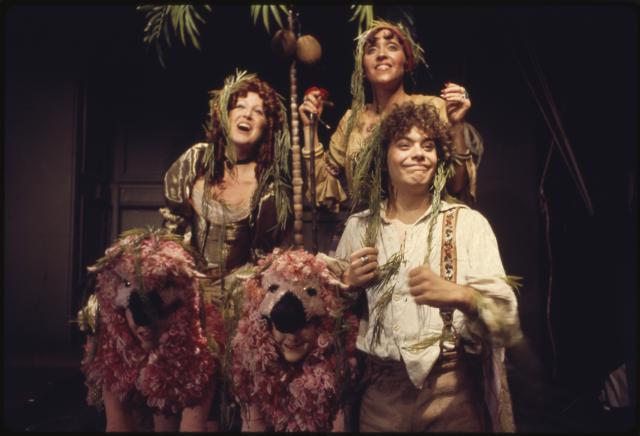 [Deborah St. Darr, June Gable, and Mark Baker in the Chelsea Theater Center production of "Candide" during BAM Fall Series, 1973]