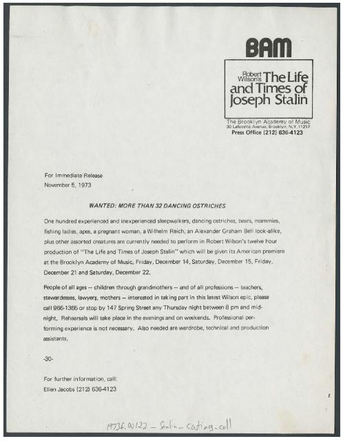 Casting Call for "The Life and Times of Joseph Stalin", 1973