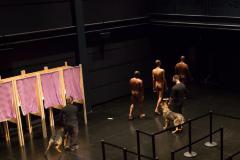 [Rocheford Belizaire, Wilmer Wilson IV, Lawrence Graham-Brown, and Clifford Owens with dog handlers in a scene from the Dread Scott production "Decision" part of "Brooklyn Bred" during the BAM Next Wave Festival, 2012]