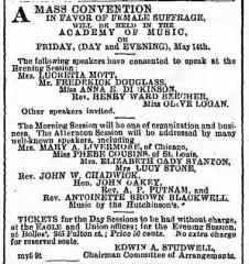 [Advertisement for "A Mass Convention in Favor of Female Suffrage"" during Spring Season, 1869] 