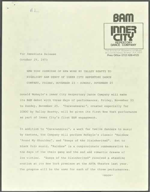 NY Premiere of Talley Beatty's "Caravanserai" by Donald McKayle' Inner City Repertory Dance Company, 1973