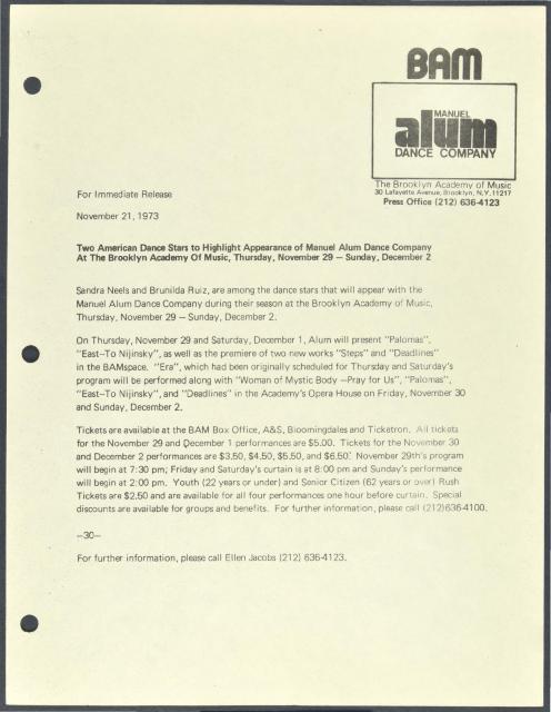 Manuel Alum Dance Company at BAM, 1973