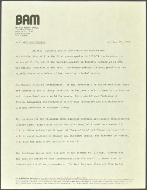 Friends of BAM Luncheon Series Opens with Rudolph Bing and then, Vincent Canby, 1973