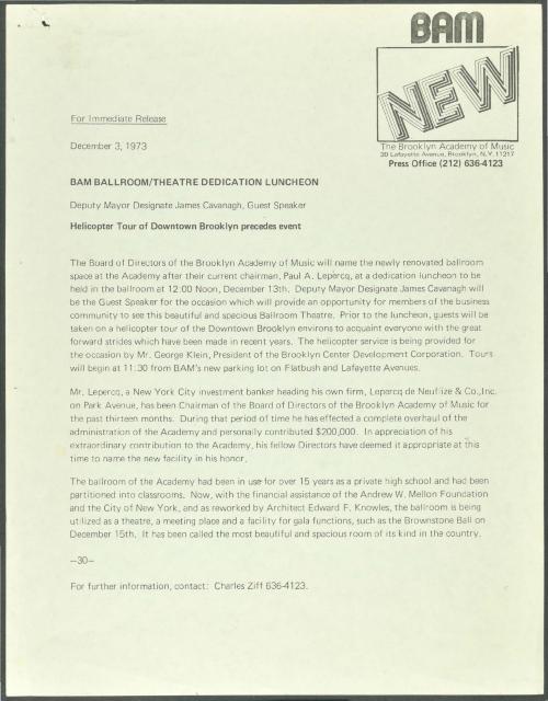 BAM Lepercq Ballroom/Theatre Dedication Luncheon, 1973