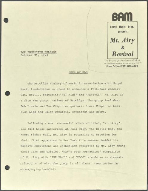 Mt. Airy with Chapin Brothers and Revival in Folk-Rock Concert, 1973