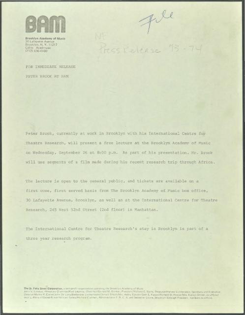 Peter Brook Lecture, 1973