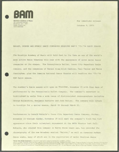Ballet, Modern and Ethnic Dance Headline BAM's Dance Season, 1973