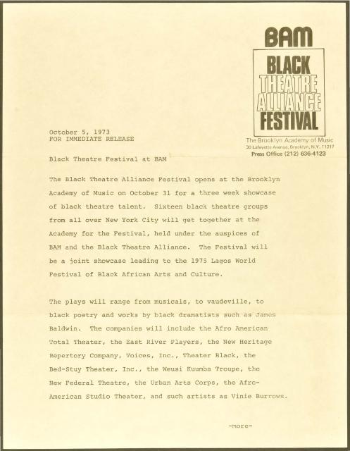 Black Theatre Alliance Festival at BAM, 1973