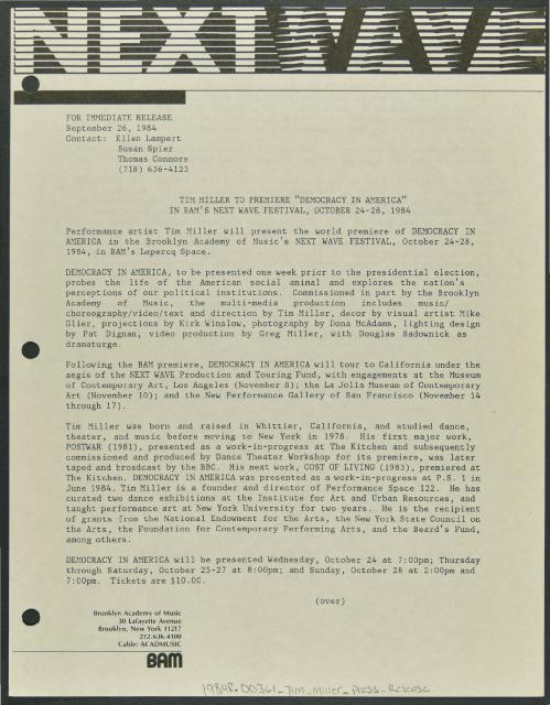 Tim Miller to Premiere "Democracy in America" in BAM's Next Wave Festival, 1983